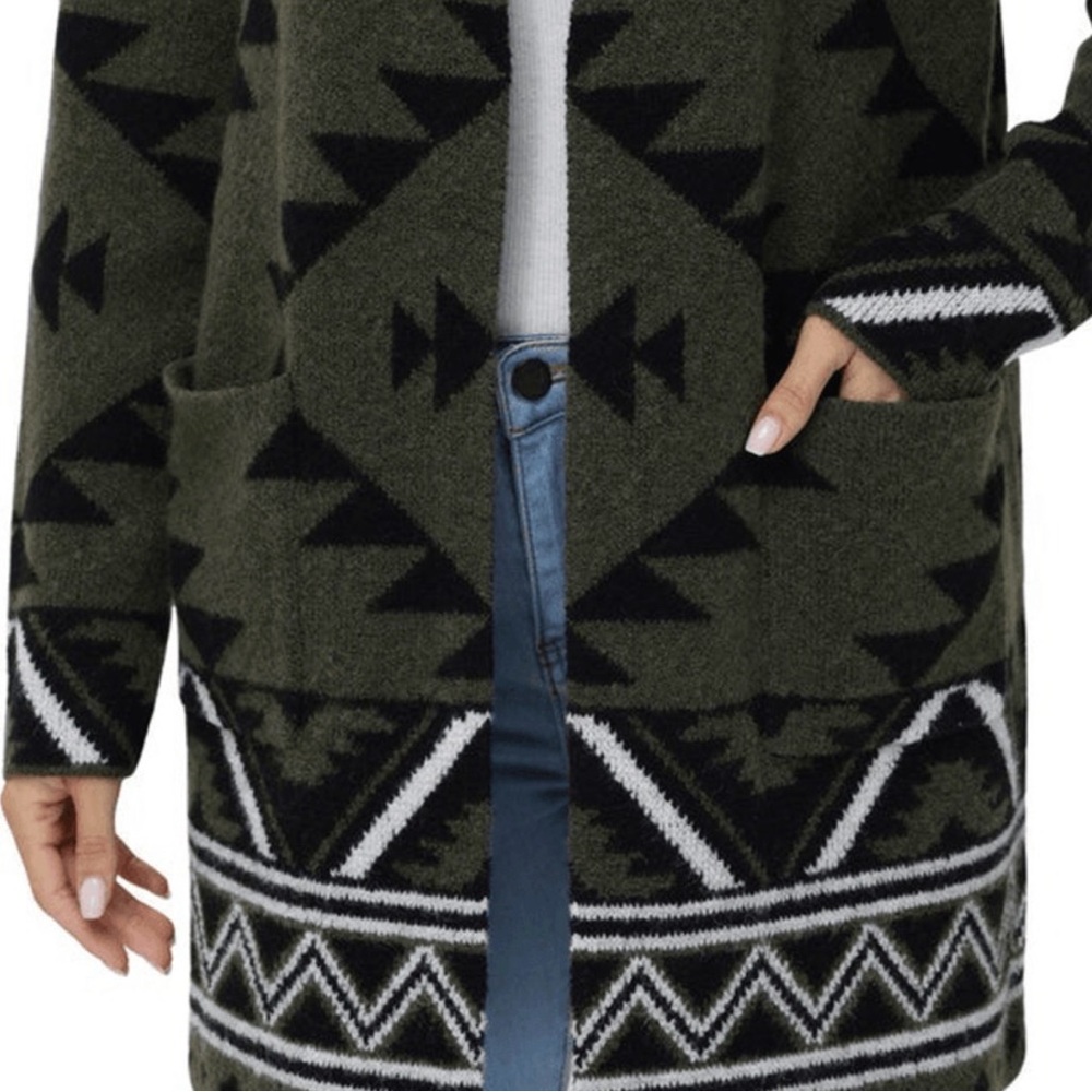 Frye Cozy Cardigan Olive Green Knit Boho Western Aztec Duster Long Sweater S - Picture 5 of 16